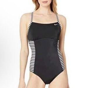 Nike Black Striped One-Piece Swimsuit Size L